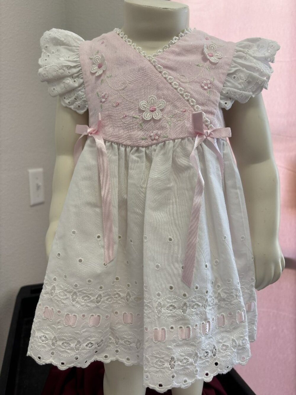 Baby Togs 18M Pink & White Eyelet Dress Set w/ Bloomers Embroidered Butterflies